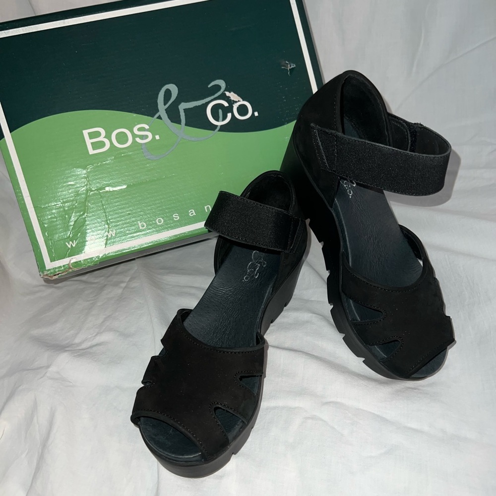 Bos & Co size 36/6 beautiful wedges with black velcro closure strap. Comfortable
